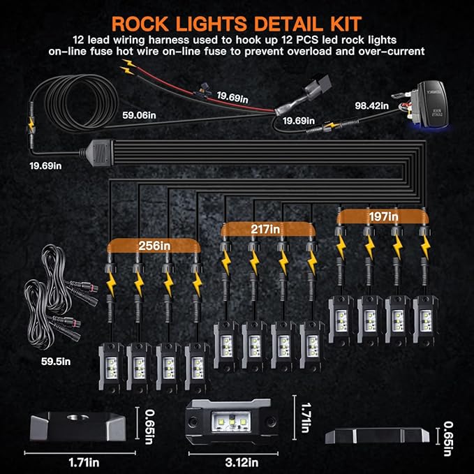 R4 Pure White LED Rock Lights Kit with Roker Switch Wire Harness 12PCS Rock Lights White for Offroad Trucks ATV UTV SUV Underglow Light Trail Rig Light Under Body High Power Waterproof
