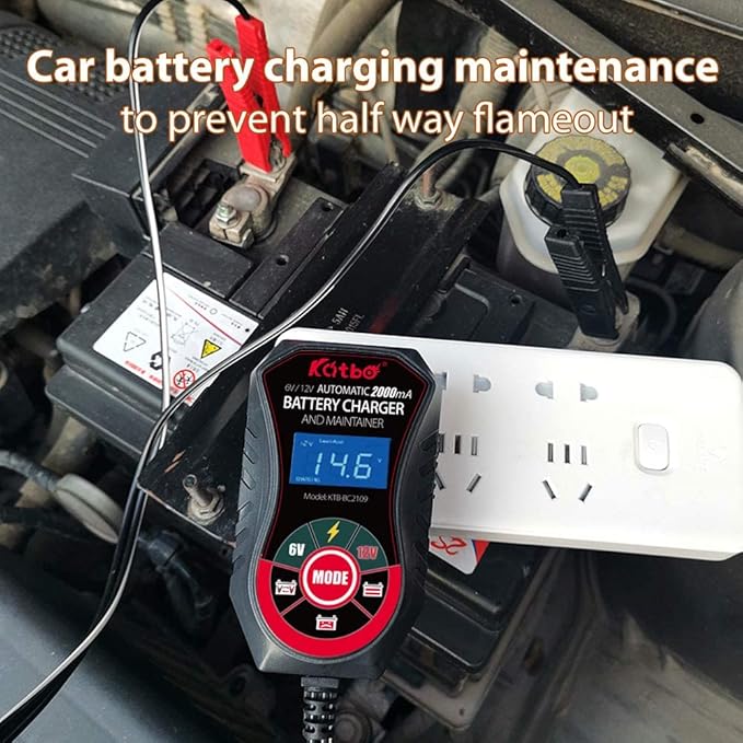 KATBO Battery Charger, 2Amp Battery Maintainer, car Battery Charger 6V 12V, trickle Charger for Car Battery, Motorcycles, Lawn Tractors, Marine AGM, Gel, SLA,Wet