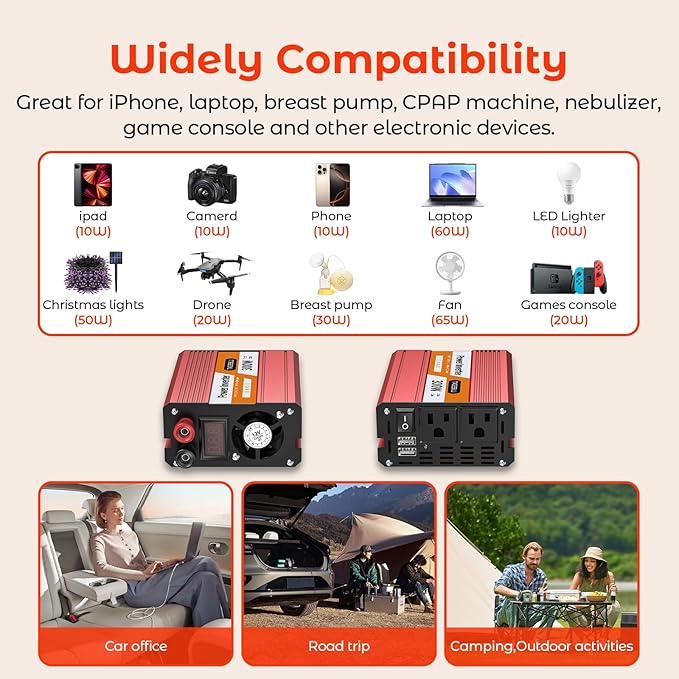 300W Power Inverter DC 12V to 110V AC Car Inverter with 4.2A Dual USB(18W) Charging Ports, Dual AC Adapter for Laptops