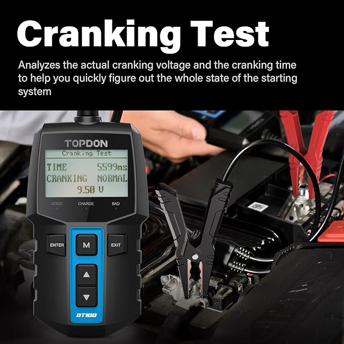 TOPDON BT100 Car Battery Tester 12V Load Tester, 100-2000 CCA Automotive Alternator Tester Digital Auto Battery Analyzer Charging Cranking System Tester for Car Truck Motorcycle ATV SUV Boat Yacht