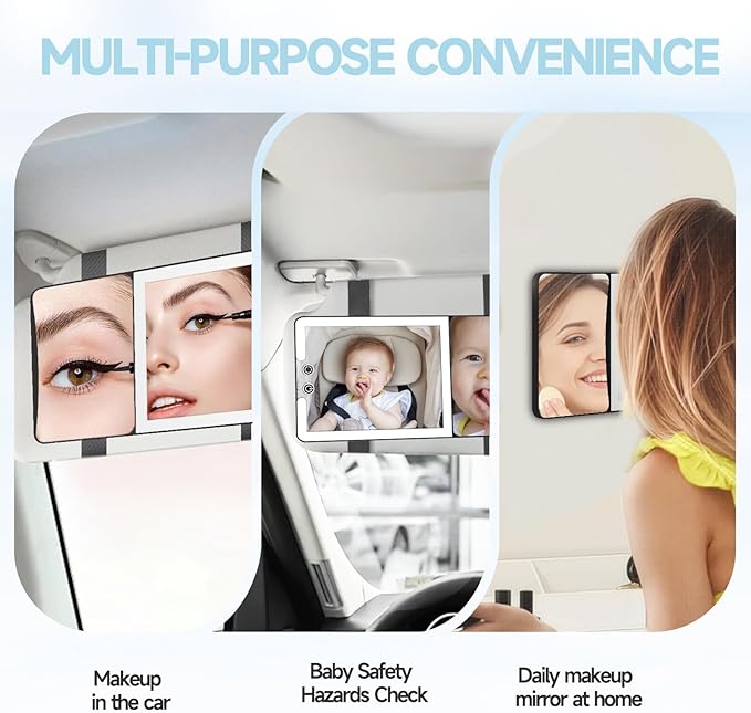Car Sun Visor Vanity Mirror with Lights,Side with 6 inch 20X Magnifying Mirror,Rechargeable Car Makeup Mirror with 3 Light Modes,Dimmable Touch Led Screen,Black
