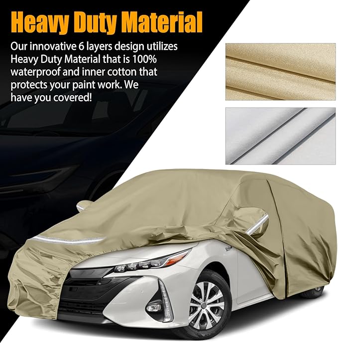 Waterproof Car Covers Replace for 2004-2025 Toyota Prius, Multilayer Heavy Duty with Cotton Liner All Weather Custom-fit Car Cover with Zipper Door, Windproof Bands for Snow Rain Dust Protection