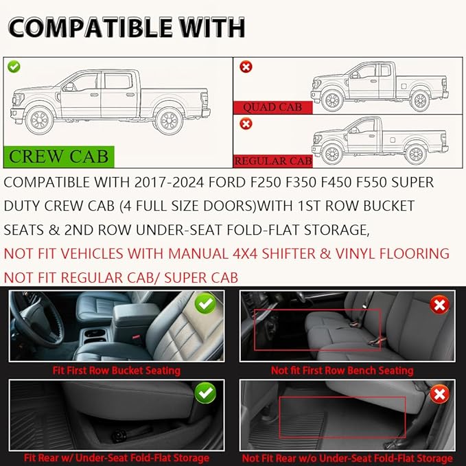 G-PLUS Floor Mats Fit for Ford F250 F350 F450 F550 Super Duty Crew Cab 2017-2024 with Under Seat Storage, All Weather TPE Custom Fit Heavy Duty Floor Liners 1st & 2nd Row Car Mats, Black