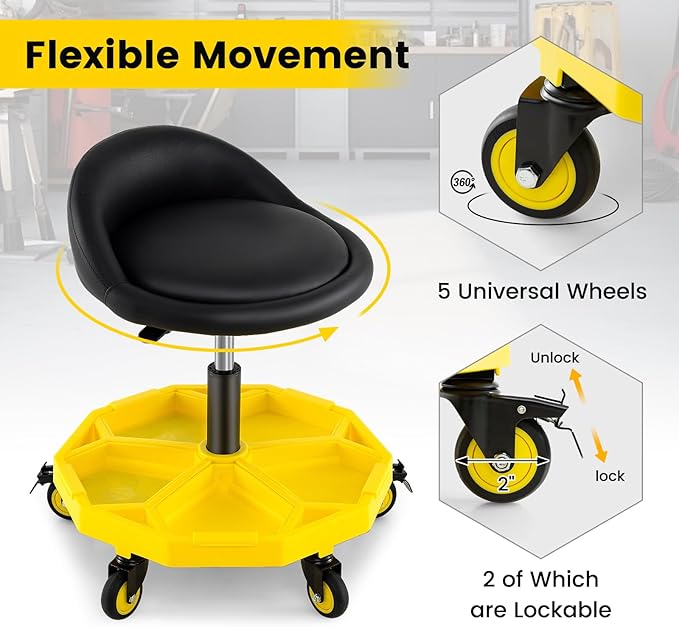 Goplus Rolling Garage Stool, 20”-25” Height Adjustable Mechanic Stool w/Magnetic Tool Tray, 2.5" Thick Padded Seat, Universal Lockable Wheels, Pneumatic Creeper Seat for Repair Shop, 350LBS Capacity