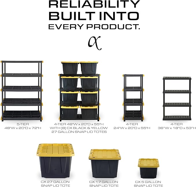 BLACK & YELLOW, 4-Tier Heavy Duty Plastic Storage Shelving Unit, 200lbs/shelf (55"H x 48"W x 20"D), for Indoor/Outdoor Organization, Modular Rack