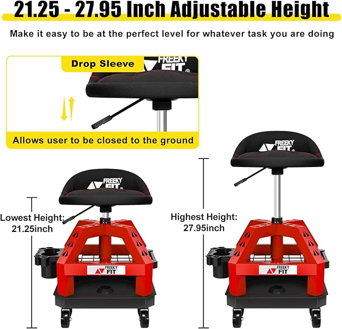 Rolling Shop Stool for Garage with Casters, DO02-Adjustable Height 360° Swivel Shop Seat with Tool Tray Storage, 330 LBS Capacity Padded Mechanic Stool, Magnetic Tool Hold, Heavy Duty, Red