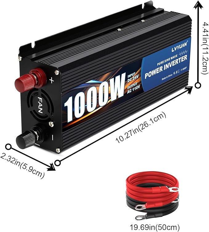 LVYUAN 1000 Watt Pure Sine Wave Power Inverter 24V to 110V/120V DC to AC Converter with Dual Sockets, Dual USB Ports, LED Display for Home Outdoor RV Car Power Inverter Power Adapter