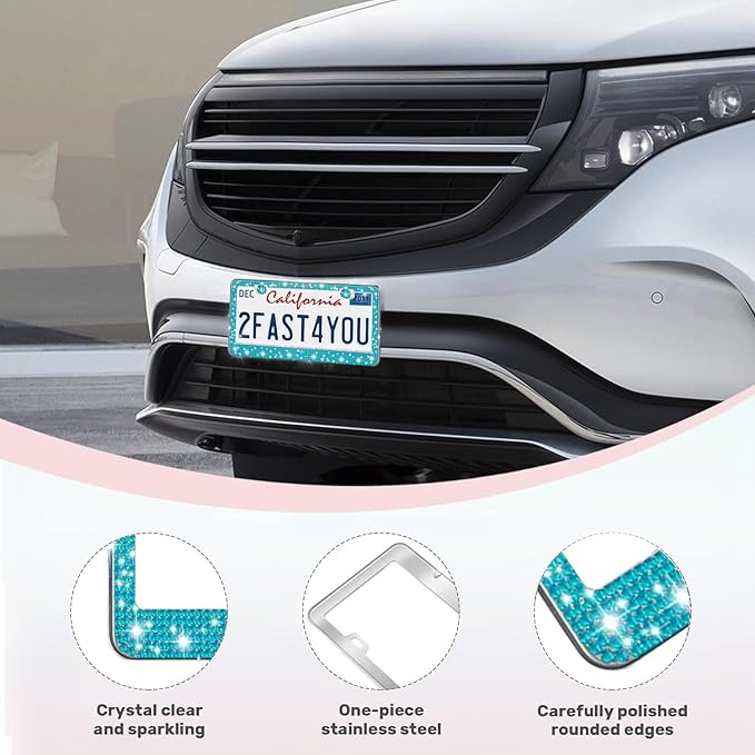 2 Pack License Plate Frames for Women, Sparkly Rhinestone Diamond Car Accessories with Glitter Crystal Caps (Blue（2PCS）)