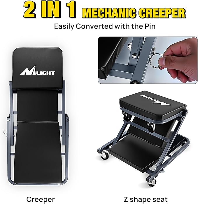 Nilight 36" Z Creeper - 2-in-1 Folding Rolling Mechanic Seat, 36 inches Adjustable Lay-Down or Sit Garage Chair, 300 lbs Capacity, Grey Black