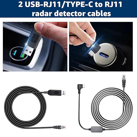 USB-C to RJ11 & USB to RJ11 Radar Detector Cables, 6.56Ft Each, Compatible with Escort, Uniden, Beltronics, Cobra, Radenso XP & More (Premium Replacement Power Cords)