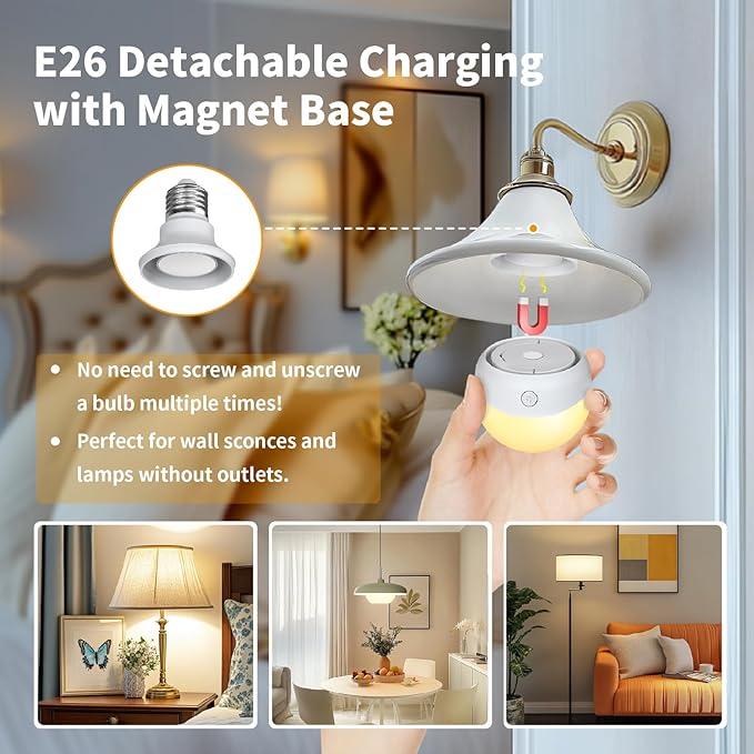 HISTAR Rechargeable Light Bulbs, 2500mah Battery Light Bulbs for Lamps with Remote, RGB, Timer, Dimmable, 3 Color Temperature, Magnetic Base