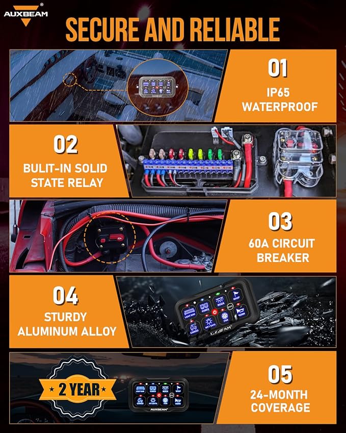 Auxbeam 8 Gang Switch Panel Bluetooth AR-800 RGB Switch Pod with Backlit Off Toggle Momentary Pulsed Auxiliary Switch Panel for Truck SUV ATV Marine RV Multifunction 12-24V Waterproof 2 Years Warranty