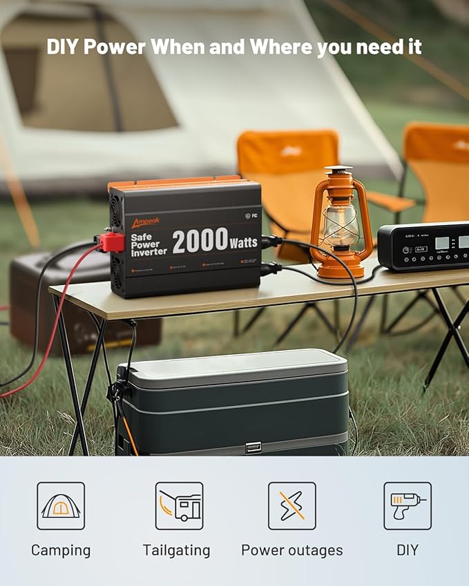Ampeak 2000W Power Inverter, Inverter 12V to 110V Modified Sine Wave, High Conversion Efficiency 89%, 30W PD 18W USB, 3 AC Outlets for Camping