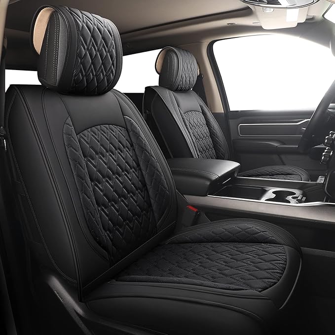 JOJOBAY Car Seat Covers for Dodge Ram 2 Pcs Front,Fit Ram 2009-2025 1500/2500/3500 Pick-up Truck,Crew,Regular,Quad,Mega Cab,Waterproof Leather Automotive Seat Covers 2 PCS Front,Black