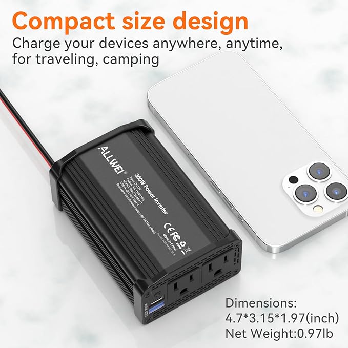 300W Car Power Inverter 12v to 110v, Car Plug in Adapter Outlet with PD 27w USB-C and Fast Charger 18w USB-A, Car Outlet Adapter, Car Converter to Outlet Plug, Power Inverters for Vehicles (Black)