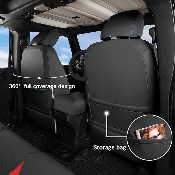 GIANT PANDA Customized Full Set Car Seat Covers for Jeep Wrangler 4 Door JK Sahara Sport Rubicon Unlimited Willys Wheeler Altitude 2013 2014 2015 2016 2017, Faux Leather - (Black+Red)