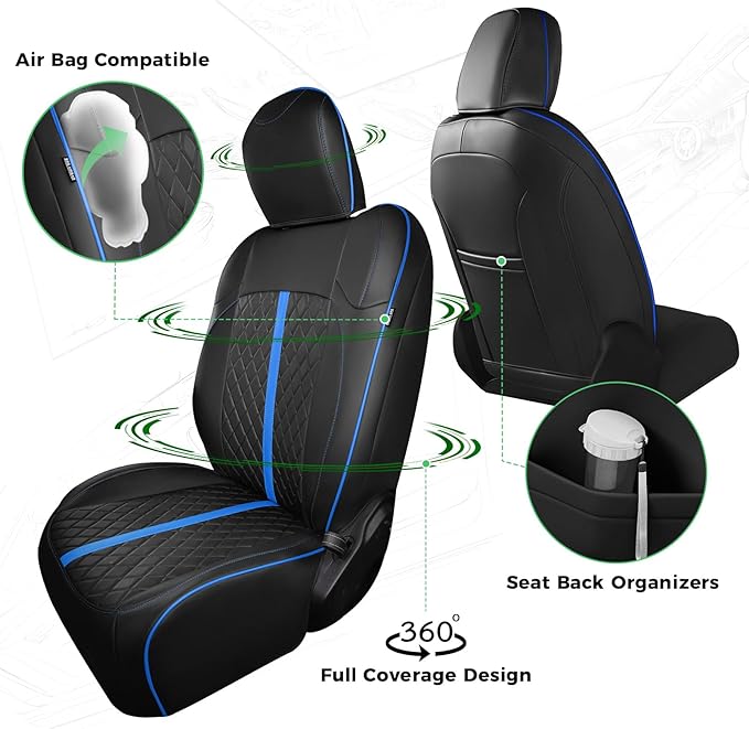 for Jeep Wrangler Seat Covers 4Door JK 2013 2014 2015 2016 2017, Custom Car Seat Cover Full Set, Luxury Leather Seat Protectors, Waterproof SUV Interior Cushions Accessories, Black Blue Trim