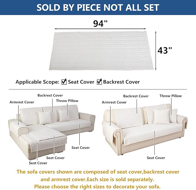 Eismodra Couch Cover,Sectional Couch Covers,Sofa Covers for 3 Cushion Couch,Anti-Slip Sofa Slipcovers for Dogs Cats Kids Loveseat Recliner L Shaped Armrest Backrest,White 43''x94''(Only 1 Piece)