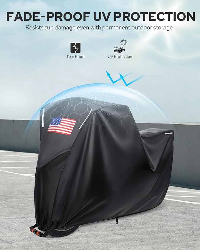 Benlari Motorcycle Cover Waterproof Outdoor, Heavy Duty Motorcycle Cover, Universal All Season Protection Night Reflective with Lock-Holes American Flag Fits up to 96.5" Motorcycles Vehicle Cover
