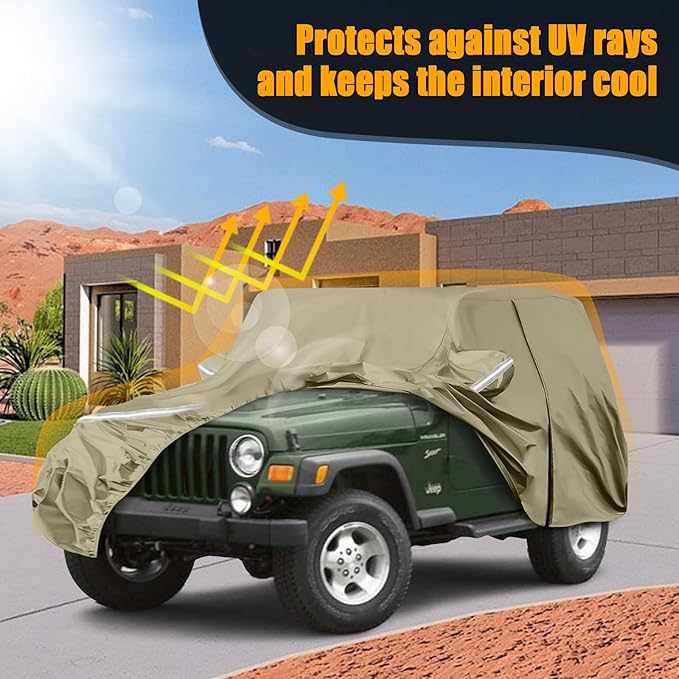 Waterproof Car Covers Replace for 1987-2006 Jeep Wrangler, Multilayer Heavy Duty with Cotton Liner All Weather Custom-fit Car Cover with Zipper Door, Windproof Bands for Snow Rain Dust Protection