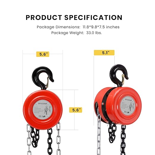 SPECSTAR Hand Chain Hoist 2 Ton 4400 Lbs Capacity 10 Feet with 2 Heavy Duty Hooks, Manual Chain Fall for Warehouse Building Automotive Machinery Red