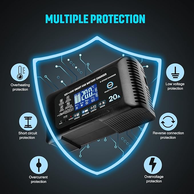 Battery Charger 0-20A 12V/24V Lithium LiFePO4 Lead Acid Fully Automatic Maintainer, Smart Car Battery Charger,Trickle Charger w/Pulse Repair for Trucks,Boats,Motorcycles,Deep Cycle Batteries ﻿