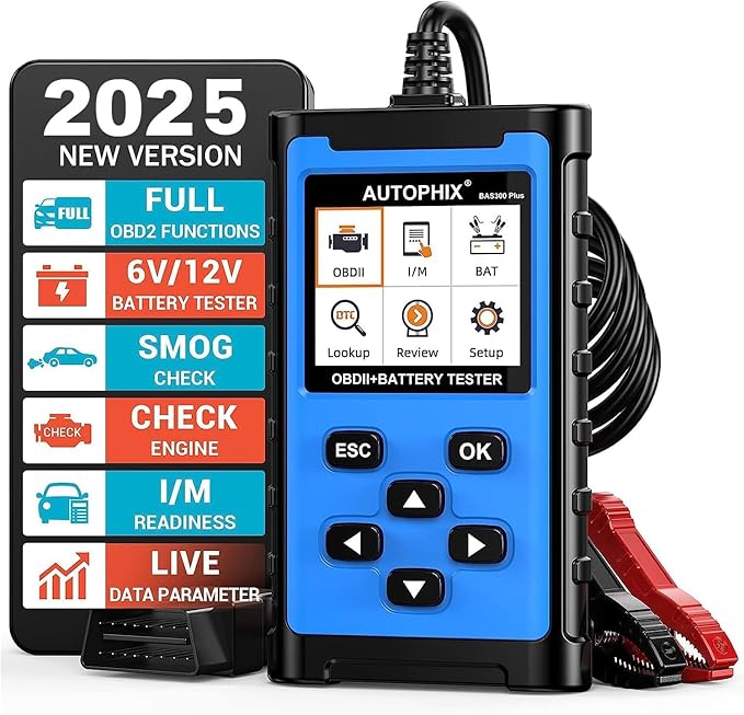 AUTOPHIX BAS300 Plus OBD2 Scanner & Battery Tester(Upgrade of BAS100), 2-in-1 Car Diagnostic Tool, 12V 100-2000 CCA Battery Charging Cranking Test, Check Engine Light Car Code Reader for All US Cars