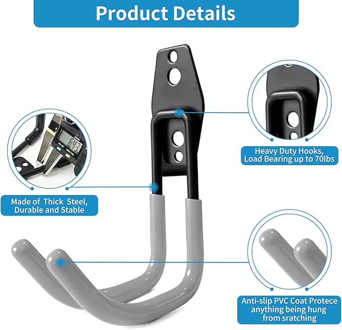 Garage Storage Utility Hooks，Garage Garden Tool Organizer，Steel Wall Mount Hooks, Large Garden U Hooks （2 Pack） (Type-2-Gray)
