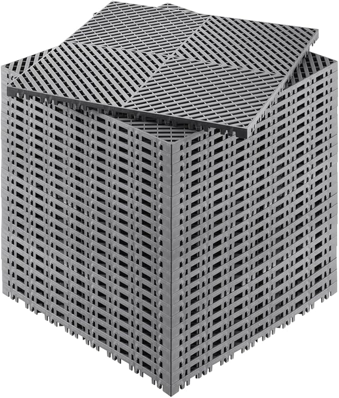 VEVOR Interlocking Drainage Mat, 15.7” x 15.7” Modular Interlocking Cushion, 24 Pcs Splicing Drainage Mats, Non-Slip Gray PP Drainage Floor Tile and Shower Mat, for Garage, Garden, Kitchen & Outdoor