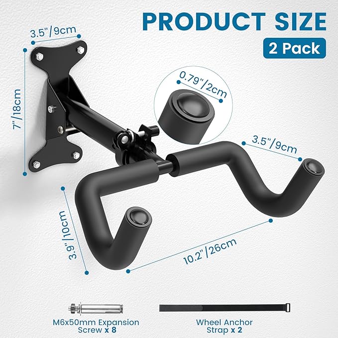 Bike Wall Mount - [2 Pack] EVA Foam Padded up to 48.5 lbs, Carbon Steel, Valve Mechanism, Heavy-Duty Adjustable Bike Wall Hanger for Road, Mountain and Hybrid Bikes, Garage & Apartment