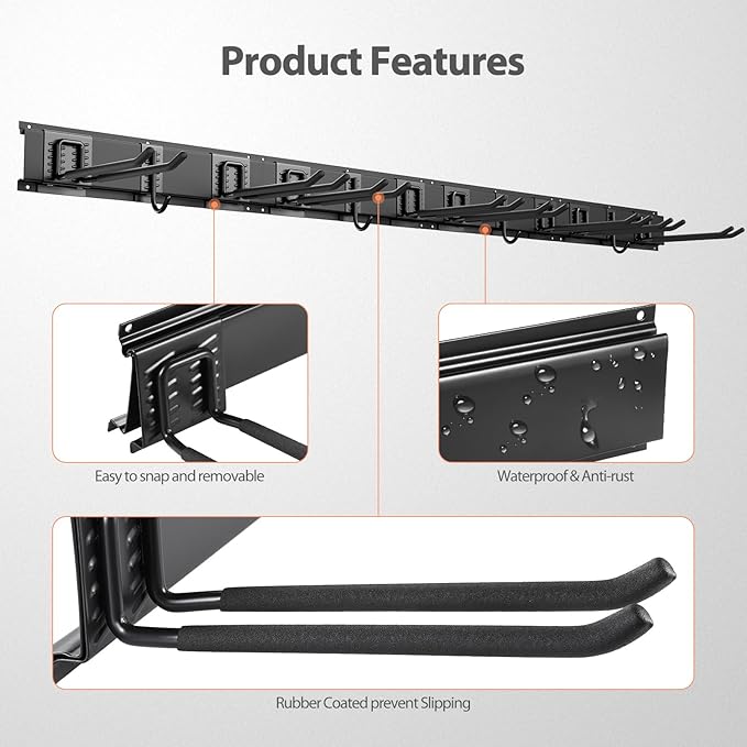 Garage Organzier Wall Mount, 48 Inch Garden Tool Organizer, 16PCS Heavy Duty Garage Storage Organization, Adjustable Tool Storage Rack Hooks, Yard Shed Tool Organizer Hold Max 450 lbs