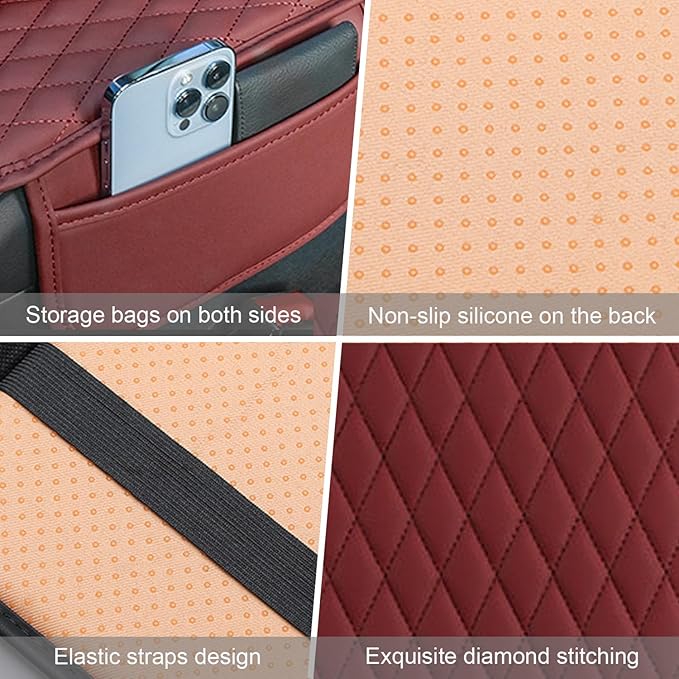 Car Center Console Cover, Upgraded Leather Armrest Seat Box Cover with 2 Storage Bags, Universal Waterproof Car Armrest Cover Cushion Comfortable Car Decor Accessories for Most Vehicles (Red)