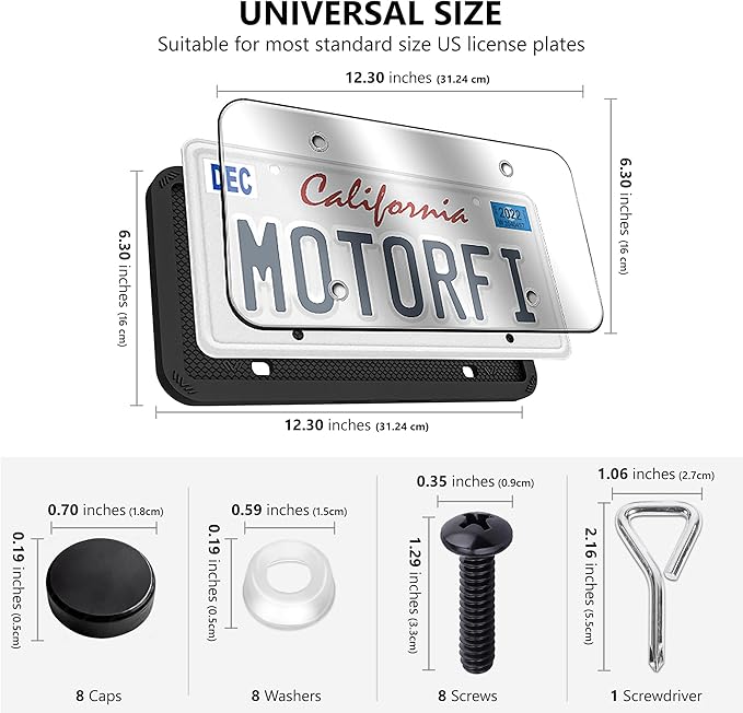 2 Pcs Silicone License Plate Frames with Polycarbonate Covers, Rust-Proof, Weather-Resistant, Easy Installation, Premium License Plate Protector for Cars with 2 Drainage Holes