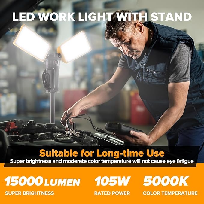 LUTEC 【Upgraded】 6290Pro 15000 Lumen 105 Watt Dual-Head LED Work Light with Telescoping Tripod, Work Light with Stand Rotating Waterproof Lamps and 8 Ft 3-Prong Power Cord