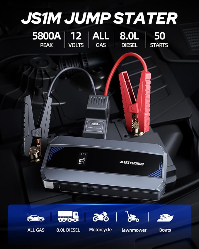 AUTOONE Car Jump Starter 5800A Battery Booster, Portable Battery Pack for All Gas 10L Diesel, 12V Jump Box with Smart Jumper Cable for Car Battery, Vehicle Lithium Starter, LCD Display, w/LED Light