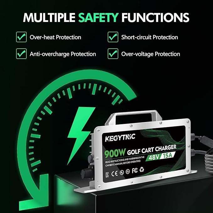 15 AMP 48 Volt Golf Cart Battery Charger for Club Car with 3-Pin Round Plug, 20% Faster & Safer, 900W Club Car Battery Charger for Lead Acid Battery, Automatic Power-Off Protection & IP67 Waterproof