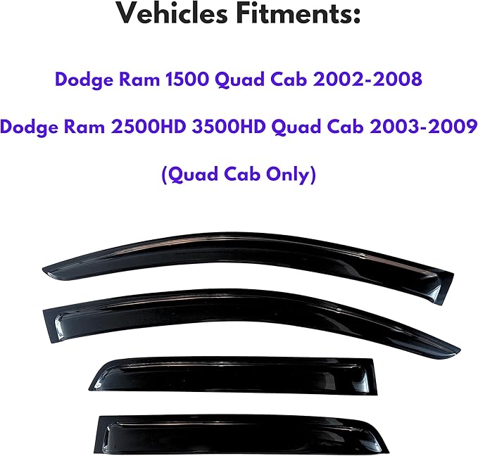 KPY Window Visor Rain Guard for 2002-2008 Dodge Ram 1500 Quad Cab, Tape-On Window Deflectors Vent Visor Shades for 03-09 Dodge Ram 2500 3500, 2002 2003 2004 2005 2006 2007 2008 (Quad/Extended Cab)