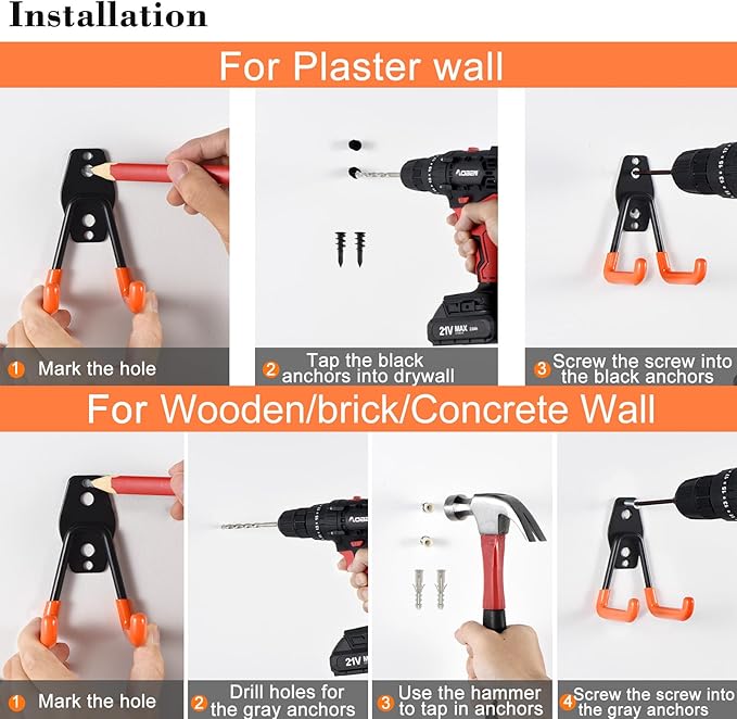 AOBEN Garage Hooks,24Pack Heavy Duty Garage Hanger Organizer Anti-Slip Double Wall Garage Storage Hooks for Ladder, Power Tool,Bike,Ropes (23 Hooks & 1 hoder Strap)-Orange