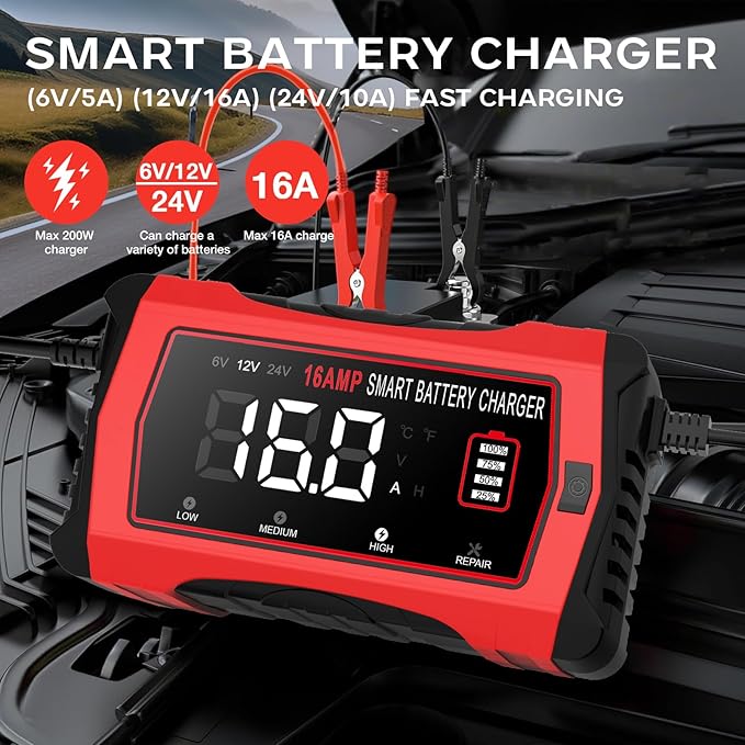 16-Amp Battery Charger, 6V/12V/24V Smart Car Battery Charger, Automotive Battery Maintainer, Trickle Charger for Car, SUV, Motorcycle, Boat, Lead-Acid, Lithium, LiFePo4 Battery