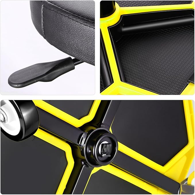 PM PERFORMOTOR Adjustable Height Pneumatic Garage Seat Rolling Mechanic Stool with Tool Tray Storage,300lbs Max Weight Capacity, Yellow,PM-TOL-ATS-YL