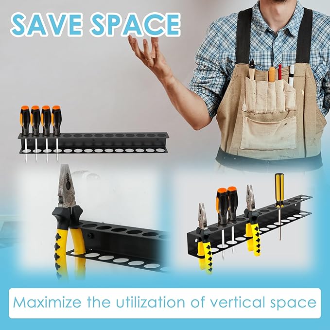 Screwdriver Organizer Wall Mount with 14 Holes, Metal Plier Holder, Utility Tool Holder Organizers and Storage Rack for Garage, Workshop,Workbench,Tool Chest Cart