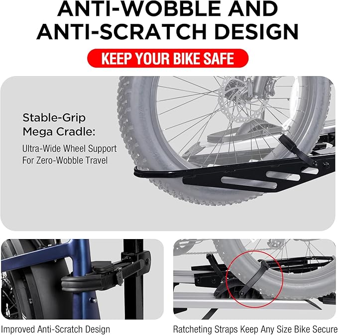 Rockland Foldable 2-Ebike Rack with Ramp, 200 lbs Capacity, Hitch Mount Electric Bike Rack, Fits up to 5" Fat Tire Width and 50" Wheelbase, Ebike Carrier Rack for 2" Receiver for Cars SUVs Vans RVs