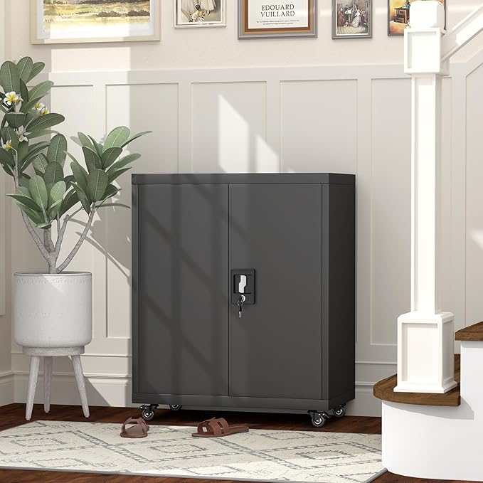 GREATMEET 31.5" H Metal Garage Storage Cabinet with Wheels, Lockable Garage Storage Cabinet with Adjustable Shelves for Home, Office,Kitchen
