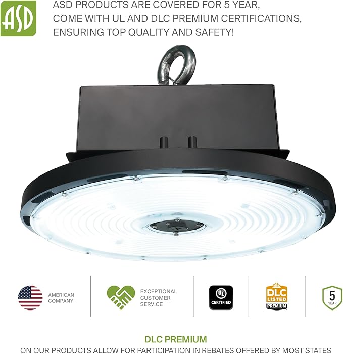 ASD LED High Bay UFO Light Fixture, Commercial Shop Lighting | Dimmable, IP69K Waterproof, DLC Premium, UL Listed | 400W 58600LM 5000K 277-480V | Warehouse, Garage, Workshop, Barn Lamp | Black