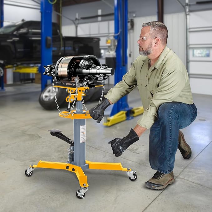 Dual Plunger Hydraulic Transmission Jack 1322lbs Capacity, 33.5"-69" High Lift 2-Stage Hydraulic Telescoping Jack, Trans Jack Stand with Non-Slip Pad, Foot Pedal & Swivel Wheel, Yellow