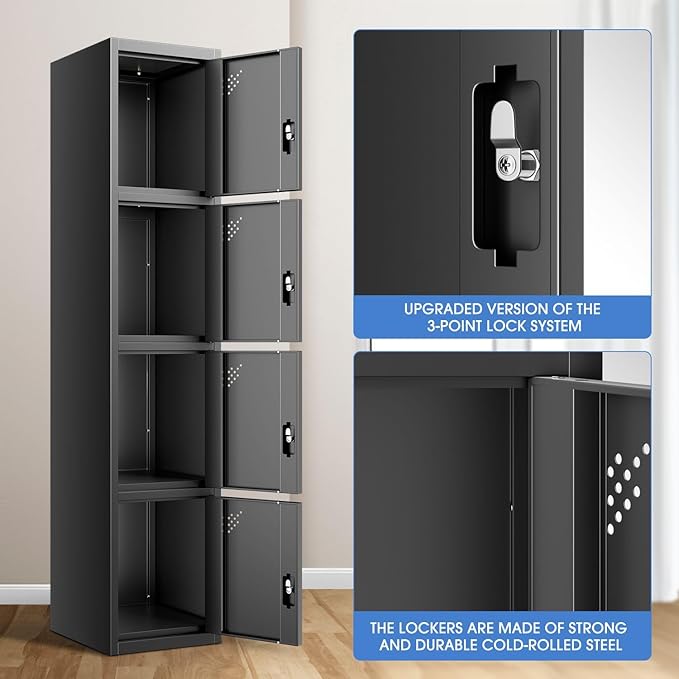 DNA MOTORING Metal Storage Cabinet for Employees with Keys, 71" Employees Metal Locker with 4 Doors, Tall Storage Lockers for Garage,Office,Home,Gym, Black, TOOLS-00790-BK-BK