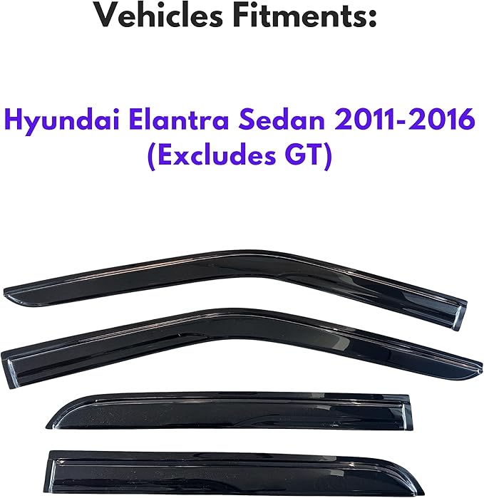 KPY Window Visor Compatible with Hyundai Elantra Sedan 2011-2016 (Excludes GT), 4PC Rain Guard Side Window Vent Deflectors Tape-On Mugen Style, 2011 2012 2013 2014 2015 2016