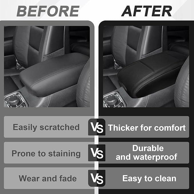 Muslogy Center Console Armrest Cover Compatible with Jeep Grand Cherokee 2011-2021 Comfort Armrest Pad Arm Rest Cushion Vegan Leather Protector Regular Thick