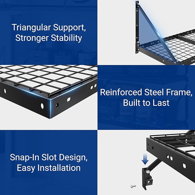 FLEXIMOUNTS 4-Pack 2x4ft Garage Wall Shelving - Heavy Duty Garage Storage System, 880 lbs Load Capacity with Brace Guardrail, Organization for Tools, Heavy Bins, Sports Equipment, Utility Room