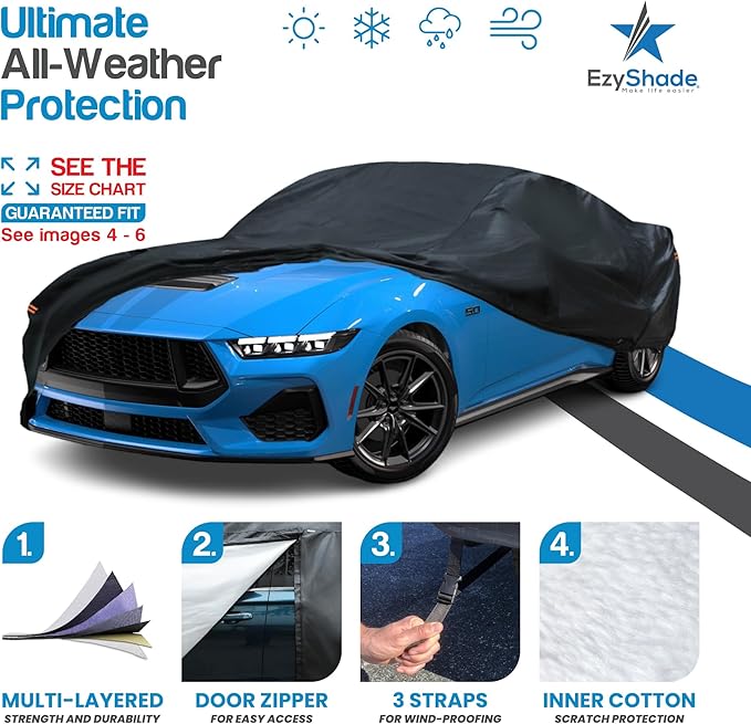 EzyShade 10-Layer Waterproof Sports Car Cover. See Vehicle Size-Chart for Accurate Fit. All Weather Outdoor Covers. Camaro Challenger Firebird GTO. Sun Snow Rain. Black, Size C5 (See SizeChart)